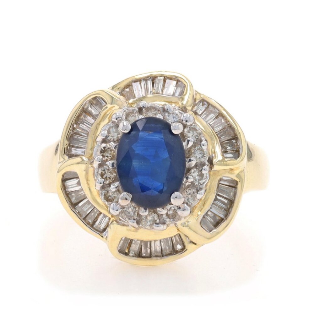 Yellow Gold Sapphire Diamond Double Halo Ring - 14k Oval 2.18ctw Floral
